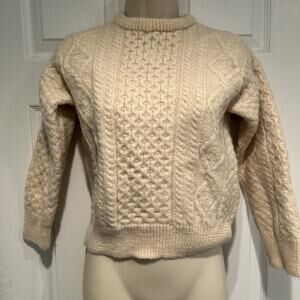 Vintage Hand Knit Irish Aran Wool Fisherman Sweater Cable Knit Cream Pullover M